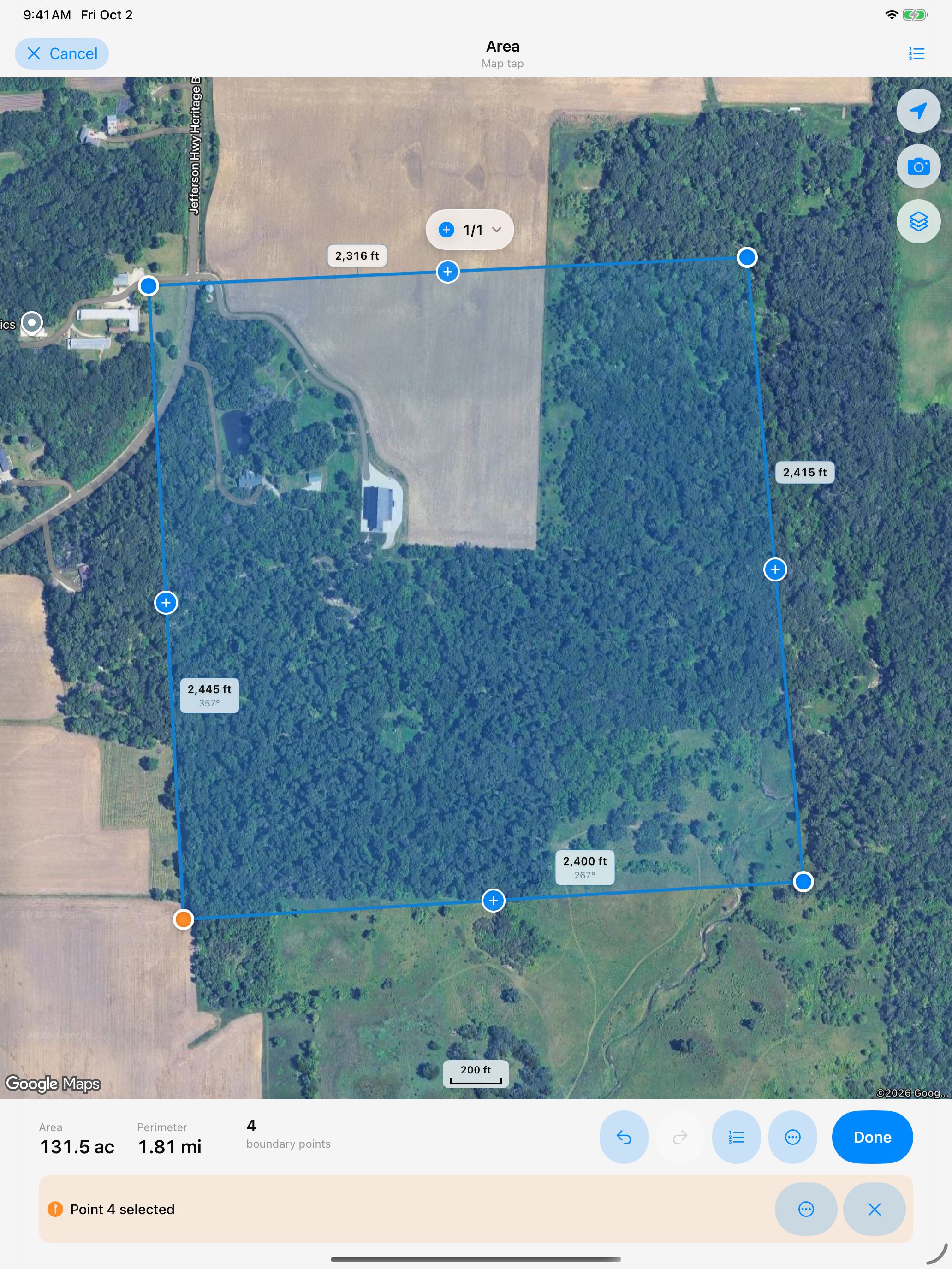 Dipper Area Measure by InsightSpatial on iPad, editing a field boundary on satellite imagery: 131.5 acres, 1.81 miles