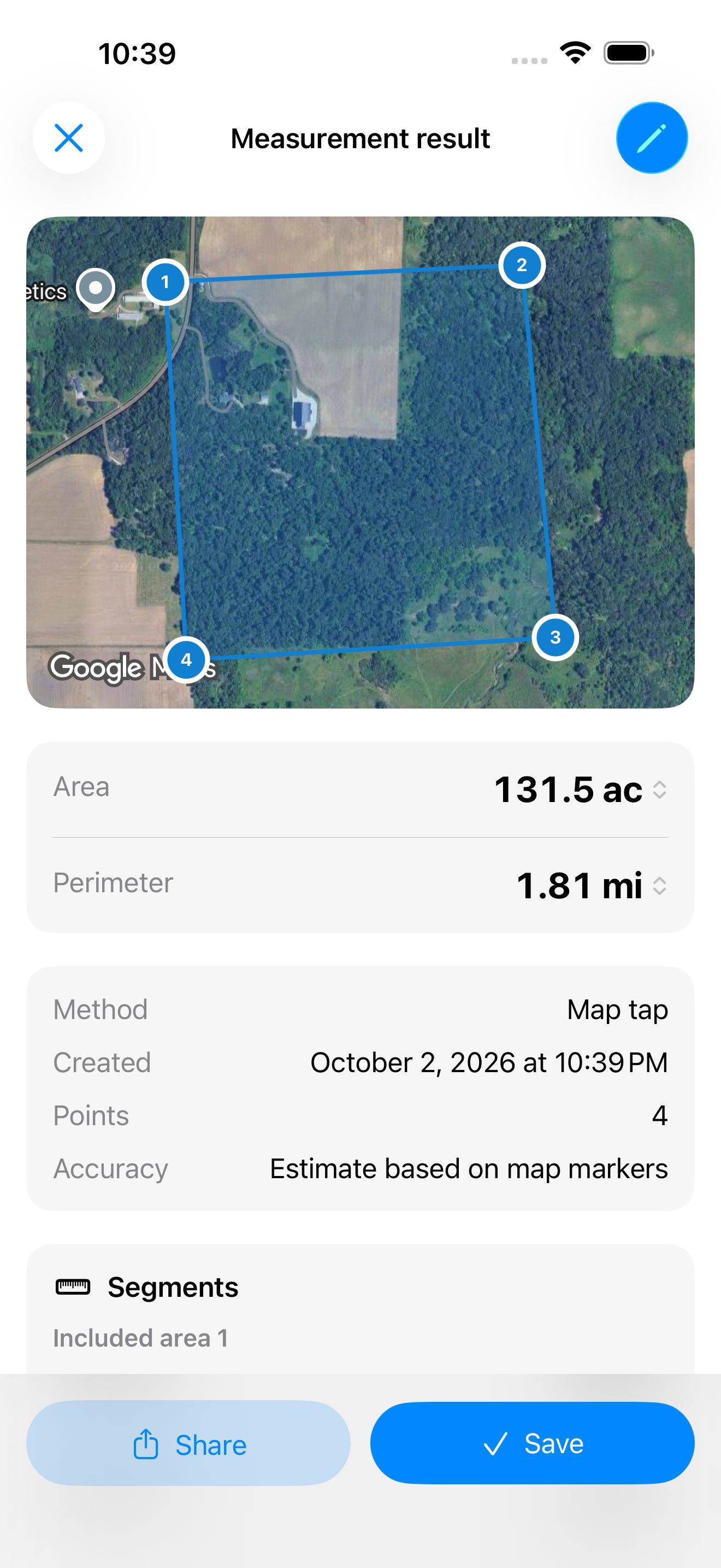 Measurement result in Dipper Area Measure on iPhone showing area and perimeter