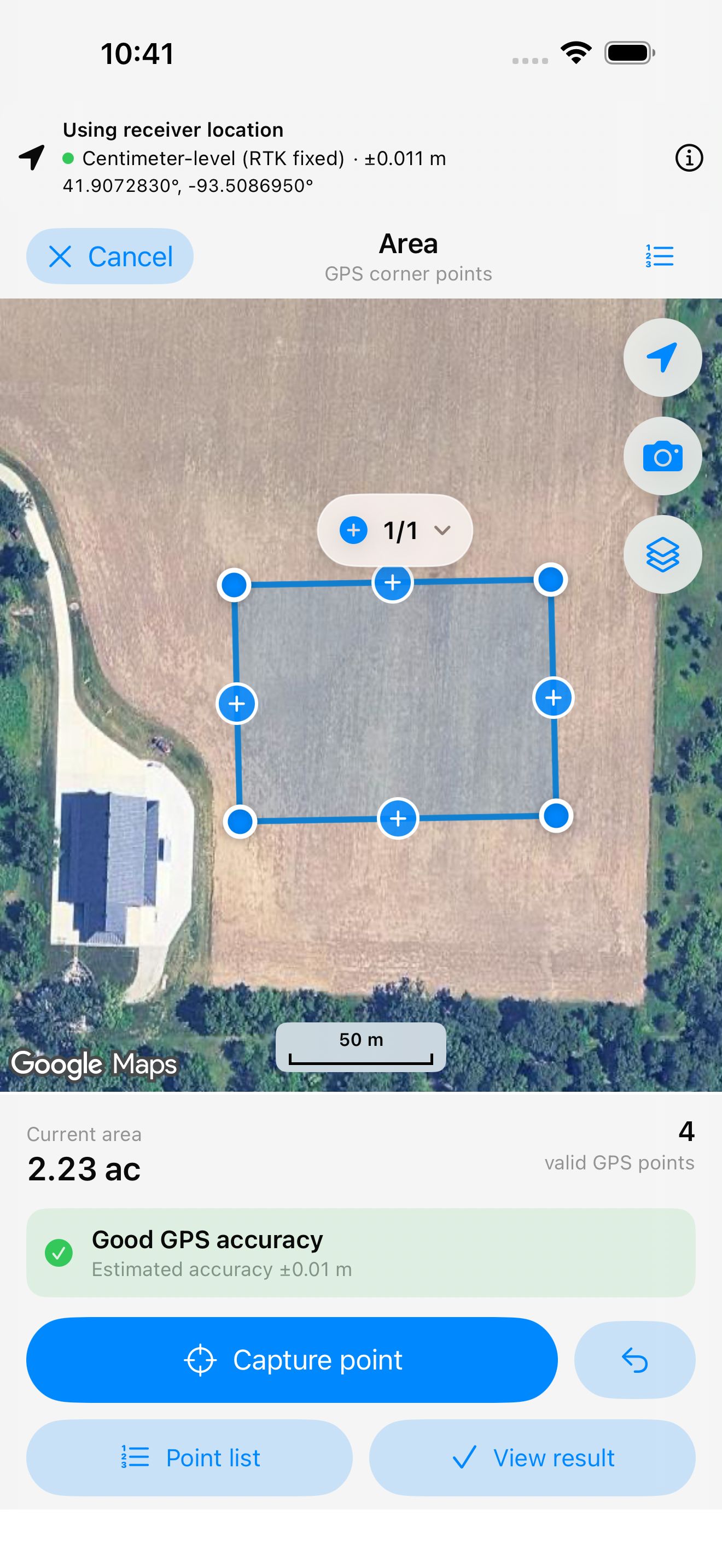 Capturing GPS corner points with an RTK receiver at centimeter-level (RTK fixed)