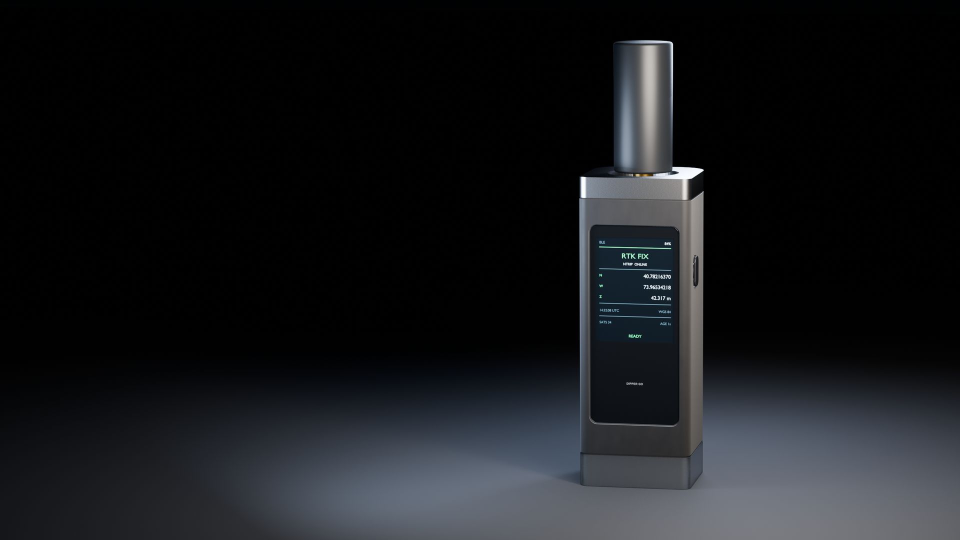 Dipper Go by InsightSpatial, a handheld RTK GNSS receiver with a screen showing RTK FIX (concept render)